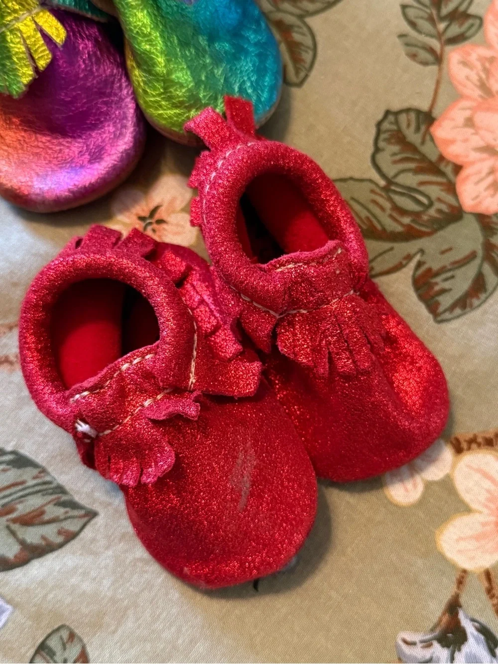 Freshly Picked Rainbow / Red Fringe Moccasin Shoes - Soft Baby Moccs Bundle